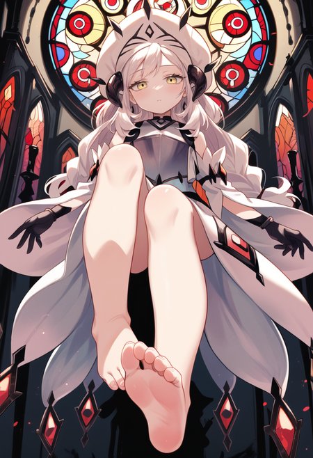 (score_9:0.9),score_8_up,score_7_up,rating_explicit,(zPDXL),(zPDXL3),
<lora:White Relic of Dogmatika ponyXL v1:0.75>,white relic of dogmatika,1girl,barefoot,solo,feet,toes,soles,standing on one leg,foot focus,white mitre,looking at viewer,black gloves,black horns,white detached sleeves,white long skirt,white breastplate,glass stained glass,horror \(theme\),