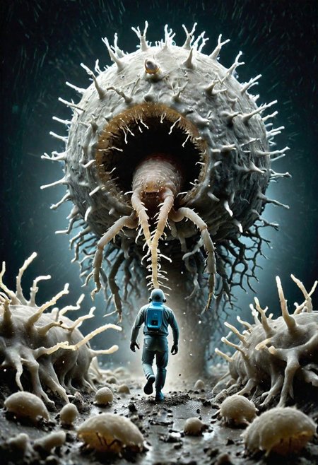 STM Scanning tunneling microscope photo of  metal hamsrer chasing the tardigrades and bacteriophage,  chaos,  highly detailed.