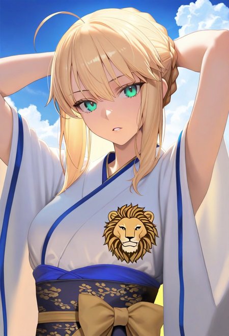 1girl, artoria, sky, blonde hair, french braid, long hair, masterpiece, green eyes, kitsune, parted lips, looking at viewer, kimono, lion print, outdoors, arms behind head, adjusting hair, cloud, volumetric lighting, blue sky, portrait, upper body,