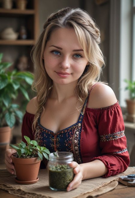 <lora:RPGHerbalist:1> (herbalist:1.1),  blurry background, red blouse with flower print,  looking at viewer, depth of field, (realistic:1.1), (working at her desk:1.3), jar, potted plant, plant, shirt, smile, wavy hair, mug, bowl, apple, bare shoulders, blonde hair, blue eyes, braid, shot with Nikon D850 SLRQ with 100mm lens and aperture F 2 framing her but with shallow depth of field, intricate detail, dark environment,