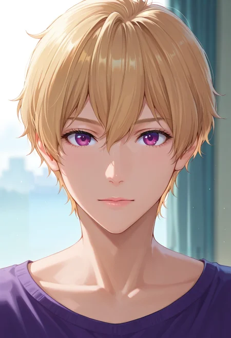 masterpiece, best quality, , (realistic:0.6), looking at viewer, 1boy, solo, male focus, <lora:nagisa_hazuki_ilxl:0.94>, nagisa_hazuki, blonde hair, purple eyes, ,