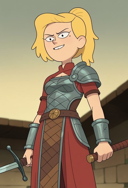 score_9, score_8, score_7, score_6,
triplevexx, solo, sasha waybright, blonde hair, ponytail, black eyes, mole under eye,
Character Description: A muscular woman with a fierce expression and braided hair.
Outfit: A battle-worn gladiator armor with intricate engravings and a flowing cape.
Action: She is raising her sword triumphantly after winning a duel.
Background: The sandy arena of an ancient coliseum, with cheering spectators blurred in the background.
Composition Details: Dramatic, low-angle lighting highlights her strength and victory, with a close-up shot that captures the intensity in her eyes and the gleam of her sword.