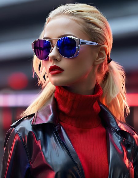 1girl, red lips, makeup, long hair, realistic, blonde hair, ponytail, sunglasses, lipstick, digital media \(artwork\), blurry background, nose, jacket, closed mouth, turtleneck, futuristic glasses, pretty, attractive, slick, strong, cinematic, stunning, highly detailed, real, polished, very smart, aesthetic, inspired, handsome
 <lora:FuturisticGlassesXL:.6>, , <lora:FILM_PHOTOGRAPHY_STYLE:0.25>