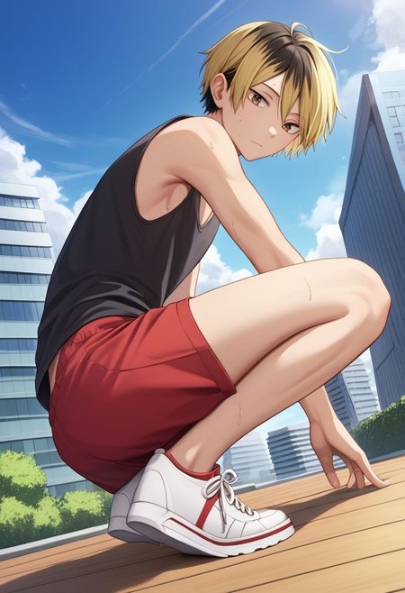 score_9, score_8_up, score_7_up, (1boy, solo), male focus, (slim), kenma, blonde hair, multicolored hair, two-tone hair, black hair, brown eyes, bangs, clavicles, black shirt, tank top, sleeveless, red shorts, short shorts, crouching, derpibooru_p_95, detailed eyes, Dutch angle, looking down at viewer, rating_explicit, yaoi, sexually suggestive, intricate detail, masterpiece, best quality, best aesthetic, short height, petite, otoko no ko, source_anime, bare legs, thick thighs, wooden floor, from below, cat, outdoors, city, sidewalk, Japan, Tokyo, cherry blossom, white sneakers, tired, exhausted, sweat,