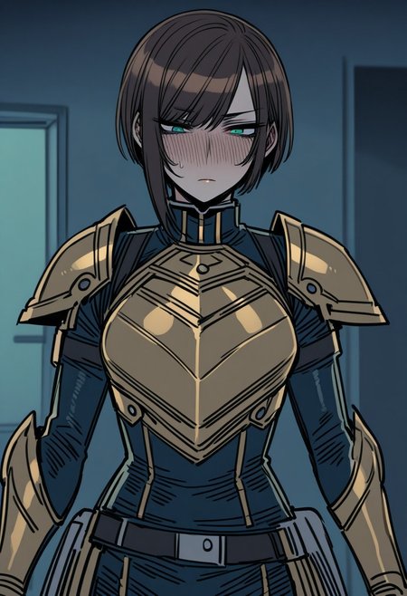 ratatatat74, 1girl, adult, tall girl, (short hair, dark dark brown hair), side-swept hair, straight hair, mature, highly detailed, high quality, detailed face, jade green eyes
BREAK
yellow chrome armor, light armed, breast plate, sword belt
BREAK 
shame, blush, look down
BREAK 
indoors, living room, lamp in background