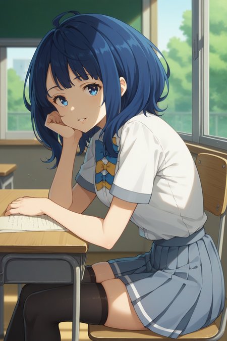 score_9, score_8_up, score_7_up, source_anime, 1girl, prefect lighting, very aesthetic, intricate details, highly detailed background, masterpiece, high quality, prefect hands, best quality, solo,
<lora:Anna_Yanami_Too_Many_Losing_Heroines_V1:.85>, KJOanna, blue hair, blue eyes, medium hair, 
school, classroom, desk, window, trees,
white collared shirt, black pleated skirt, red bowtie, thighhighs, skindentation, zettai ryouiki,
looking at viewer,
happy, parted lips, sitting, sitting on chair, arms on desk, head rest, from side,
(Beautiful,  small Breasts:1.2), natural breasts,
