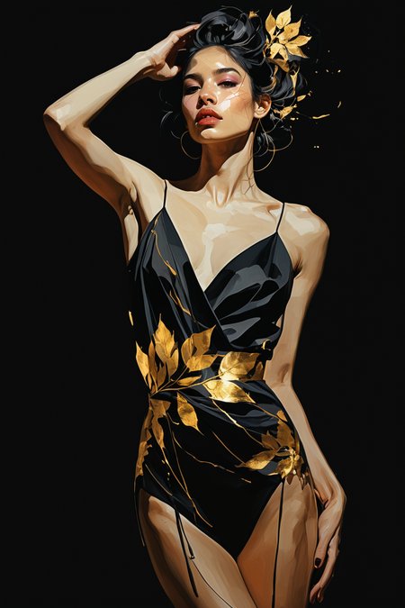 3l3ganc3,masterpiece,best quality, highly detailed, score_9, score_8_up, score_7_up, score_6_up,  
Beautiful portrait by Minjae Lee and Don Marco. Styled by Russ Mills. Explosive expressive colors, powerful, impactful, Yossi Kottler surrealism.
 BREAK
1girl, woman standing, from her side, dancing pose, A delicate and emotionally expressive illustration unfolds, featuring minimal yet evocative linework that centers around ethereal female figures. The compositions are often sparse and graceful, with soft watercolor washes or splashes of vivid colorâwhites, purples, and goldsâadding bold contrast to the otherwise restrained palette against a pitch black background. Figures are sensual and introspective, blending innocence with allure, often surrounded by abstract shapes, floral motifs, or dreamlike textures. Conrad Rosetâs style fuses fashion illustration with fine art sensitivity, celebrating femininity, intimacy, and emotional nuance through poetic, minimalist beauty. (black background:1.25), gold leaf inlay <lora:Elegence_Niji:1.23>