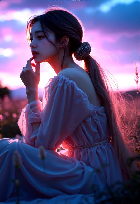 woman with hair flowing long ponytail beige hair,wearing ornate hair scrunchie, voluptuous,  sitting with knees up, outdoors, scenery,  expressive eyes, reflective and emotional gaze, detailed background with aurora borealis, purple and blue tones, highly detailed, atmospheric, strong wind, dim lighting, finger to own chin, cheerful expression  


cinematic lighting, extremely intricate detail character, accurate depiction of character, correct body anatomy, correct hands and fingers, extremely intricate skin and facial texture detail, design,lifelike potrayal, extrememly realistic lighting, extreme dynamic pose, sfw, fully clothes, sharp background detail, wide shot










