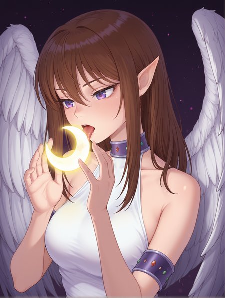 maiden of the moonlight, 1girl, solo, purple eyes, angel wings, upper body, purple armband, white sleeveless dress, crescent, glowing, holding crescent, purple choker, licking_crescent
masterpiece,best quality,amazing quality,very aesthetic,absurdres,newest,<lora:Maiden of the Moonlight & Millennium Moon illusXL v1.1:0.74>,