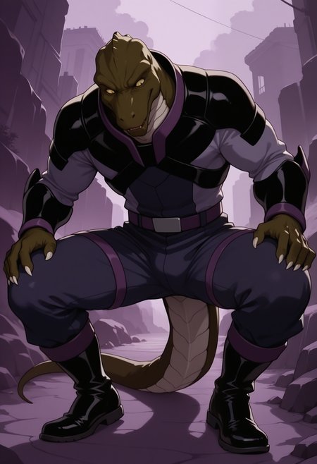 masterpiece,best quality,amazing quality, 1boy, solo, g4zu, reptile boy, colored, sclera, slit pupils, green skin, black chest armor, purple, bodysuit, boots, full body, outdoors,