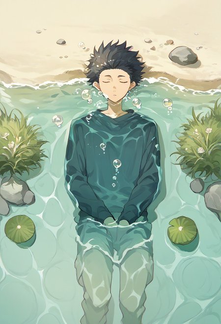 score_9, score_8_up, score_7_up, source_anime, rating_safe, Shoykoe, 1boy, male focus, closed eyes, laying-relaxing, sand, rocks, grass, kelp, bubbles, submerged, plants, Underwat3r
