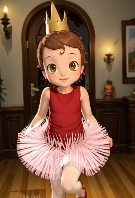 (masterpiece)+, 8k, best quality, ultra-detailed, (high res), cinematic lighting, beautiful lighting, high quality, studio quality, detailed, insanely detailed, extreme detail, refined detail, perfect detail, max detail, smooth lighting, detailed background, hyper detailed body, beautiful lighting, vibrant lighting, global illumination, absurdres, high-res, dynamic lighting, h4nnah, 1girl, solo, brown hair, ballerina, short hair, dress, pantyhose, white pantyhose, tutu, Expressiveh, aerozerorisk, 1girl, solo, solo focus, looking at viewer, standing, cowboy shot, (closed mouth), happy, cute, kawaii, indoors, living room, daylight, sunshine, Halloween decorations, Halloween costume, (princess ballerina costume), (gold crown), brown hair, brown eyes, red shirt, pink tutu