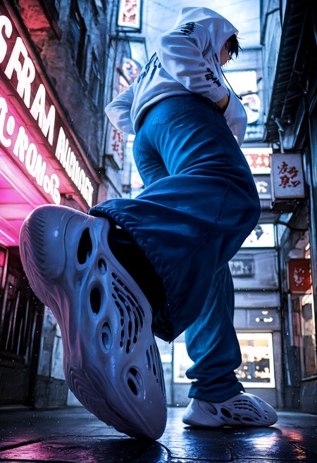 HDR, 8K, high contrast, masterpiece, best quality, amazing quality, very aesthetic, superabsurd res, high resolution, ultra-detailed, absurdres, newest, scenery, (horikoshi kouhei:0.3), (quasarcake:0.3), (wlop:0.3), light rays, chiaroscuro, dynamic angle, foreshortening, perspective, from behind, from below, full body, foot focus, white hoodie, hood up, blue jeans, denim, baggy pants, oversized pants, f0am rvnners, white footwear, black socks, shoe soles, wet shoes, hands in pockets, walking away, looking away, dark, outside, night, reflections, rain, shops, glow, backlighting, partially illuminated, Intricately designed, Mysterious Shadows, BREAK, photorealistic, beautiful detailed eyes, detailed skin, detailed hair, volumetric lighting, dappled light, light particles, dramatic shadows, cinematic lighting, photo background, depth of field, <lora:IL\touching_grass_v0.2:0.8> <lora:IL\KMS_Yeezy_Foam_Runners_IL:1>