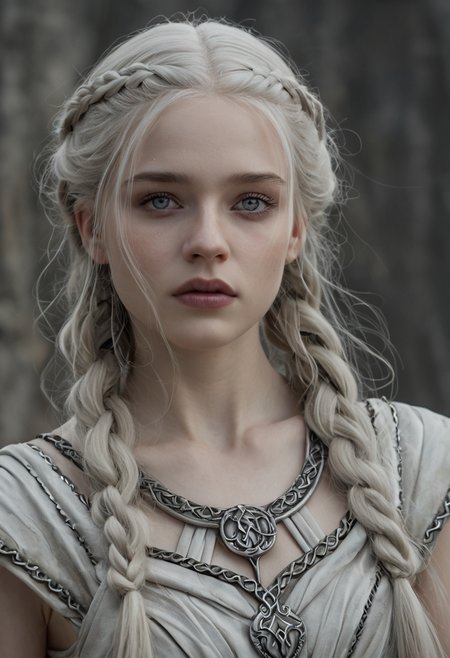 <lora:RokuFantasy:1>,R0k0F3nt3sy,1girl,solo,fantasy art,, (Hair, Long, silver-blonde hair (often described as pale as moonlight), a hallmark of her Targaryen lineage. In the books, her hair is worn in intricate braids, symbolizing victories and tradition:1), (Eyes, Large, violet eyes, often noted for their intensity and otherworldly quality, typical of the Valyrian race:1), (Skin, Pale, creamy complexion with a smooth, almost luminous quality that enhances her striking beauty:1), (Build, Slim and petite, yet strong and resilient, reflecting her gradual transformation from a timid girl into a determined leader:1),  short in stature,