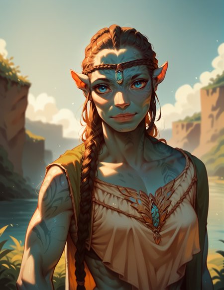 <lora:Taunui_tsahikV2:0.8> ta'unuiv2, 1girl, ((Solo)), blue skin, blue eyes, outdoors, long braid on shoulder,  score_9, score_8_up, score_7_up, score_6_up, 2d, digital art, masterpiece, <lora:sinfully_stylish_PONY_0.2:0.3> dramatic lighting <lora:incase-ilff-v3-4:0.3>, score_9, score_8_up, score_7_up, score_6_up