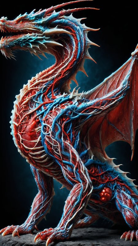 yamer_veins, veins, guro, A glistening dragon covered with veins, photograph of dragon, its metallic sheen punctuated by a web of intricate veins, highly detailed, sharp focus on subject, blood on body, muscular dragon, <lora:Veins_XL:1>