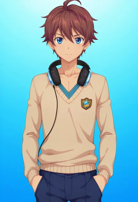 masterpiece, best quality, , anime screencap, , , looking at viewer, , 1boy, solo, male focus, <lora:seto_aihara_ilxl:0.88>, seto_aihara, brown hair, blue eyes, short hair, ahoge, headphones, , , Work pants, V-neck sweater, Espadrilles, ,