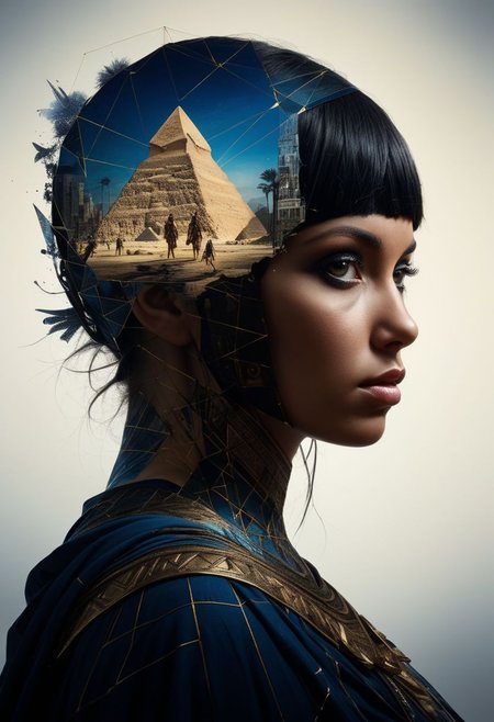 mysterious silhouette cleopatra in cape, pyramids, goddess, alluring, by Minjae Lee, Carne Griffiths, Emily Kell, Steve McCurry, Geoffroy Thoorens, Aaron Horkey, Jordan Grimmer, Greg Rutkowski, amazing depth, double exposure, surreal, geometric patterns, intricately detailed, bokeh,  perfect balanced, deep fine borders, artistic photorealism , smooth,  great masterwork by head of prompt engineering   <lora:add-detail-xl:2>  <lora:Double_Exposure:0.5>