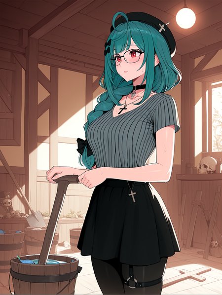 IllustriousQual <lora:cfg_scale_boost:0.3> <lora:StS-Illustrious-Detail-Slider-v1.0:3>,detailed_background,indoors,alternate costume,ggoc ill,tropical fish,short sleeves,black skirt,absurdres,braid,official art,long hair,wooden bucket,holding,breasts,dizzy dokuro,hair ornament,glasses,red eyes,shirt,virtual youtuber,ear ornament,bucket,ahoge,hatching \(texture\),striped shirt,sidelocks,pantyhose,choker,cropped arms,solo,crucifix,phase connect,hair bow,thigh strap,single braid,medium breasts,grey shirt,cross,beret,linear hatching,sweat,necklace,skull pendant,sally \(luna-arts\),string,black leggings,hoe