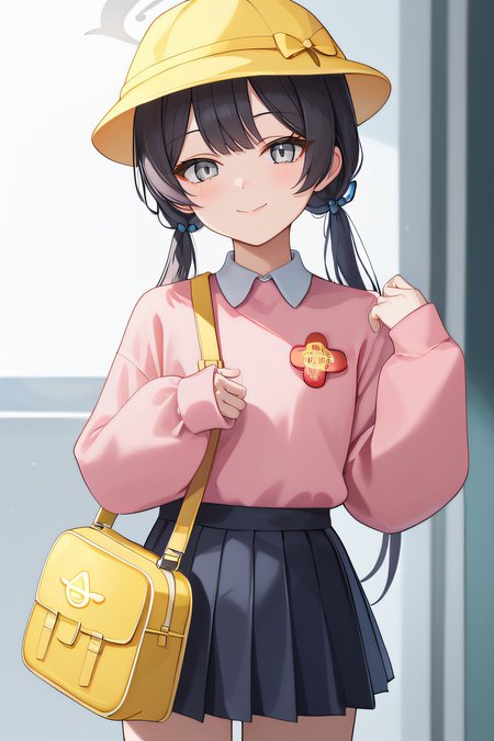 score_9, score_8_up, score_7_up, source_anime, rating_safe, intricate details, 1girl, solo, <lora:Kisaki_V2:1>, kisaki, black hair, low twintails, grey eyes, halo, school hat, yellow hat, kindergarten uniform, collared shirt, pink sweater, shoulder yellow bag, red name tag, black skirt, pleated skirt, flat chest, looking at viewer, indoor, smile, cowboy shot, five fingers, blush