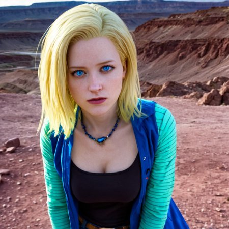 cinematic film still, saturated colors,  negative space, 
establishing standing shot, looking at viewer, 
1 adult woman, zoomed in,
detailed face of skyler white , (breaking bad style), 
long hair, blonde hair, blue eyes, necklace, 
ean jacket, black tights, a jean miniskirt,
closed mouth, eyes open
backdrop is a desolate rocky plateau , golden hours,