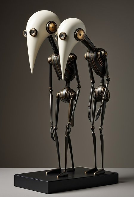 (masterpiece, best quality), Clockwork Creatures.
expressionist sculpture, elongated figures, muted tones, minimalist forms, emotional intensity, somber atmosphere, human vulnerability, simplified lines, melancholic mood, soft shadows, textured surfaces, introspective themes, graceful posture, psychological depth, modernist influence