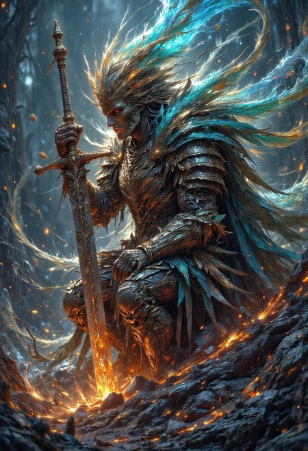 The sword plunges earthwards burying hilt-deep 'neath churned sod And armor plate shivers dully resonant as gauntlets loose their grip Pommel studded bright brass asterisk lying cold Hilt rag-doll limp where erstwhile warrior kneeled Arcthyril wards' eldritch phosphorescence fade Slow-dimming mote-star nova fading supernova Spell-force dissipated wan by increment Luminous blade etchmark of the heavens winks Out, great buckler falling board-sharp clang Shield rim bites hardpack adamantine mould The last breaths issue moist ephemerae tendrils Wreathe exhalations steam ghost grey ghost vapors Condensing mizzle shrouds noble profile marred By merciful oblivion final refuge granted Errant champion slumber deep peace of death Softer then when hero-king lies dreamt slumbrous in ivory repose Closing circuit chronicles tell unfinished Yet legend persists unbidden epically sung Through bard-song ballads troubadour's lute strings plucks Fame lives immortal, here dead Hamtaro Laid low, once mightiest of champions arrayed All valor concentrated compact vital kernel Heart ripped forth no sacrifice too costly to grant Great cause its full measure
... 
impressionist painting, loose brushwork, vibrant color, light and shadow play, captures feeling over form, Oil Painting, 
surreal, concept-art, fantasy, beautiful, painterly, detailed, textural, artistic, aesthetic, intricate details, highly detailed, vivid,  volumetric lighting, 
detailed