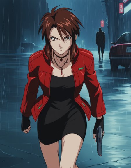 score_9,  score_8_up, score_7_up, source_anime, <lora:Priss_Asagiri__Bubblegum_Crisis_Tokyo_2040:1> Priss, brown hair, brown eyes, sidelocks
black dress, red jacket, choker, necklace, fingerless gloves,
1girl, solo, serious, glaring, handgun, running towards viewer, trigger discipline, cyberpunk, science fiction, outdoors, night, rain
