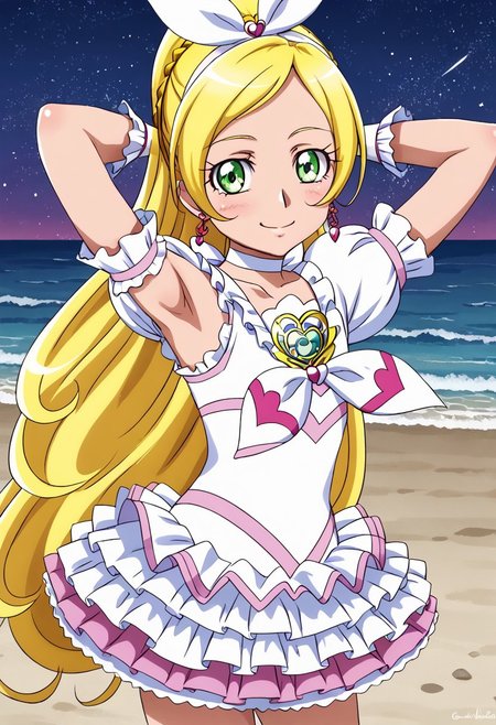 detailed background, shiny skin, rating safe,
<lora:curerhythm.pony:1>
curerhythm,
shiny skin, high quality, solo, looking at viewer, solo, {contrapposto}, spread armpit, arms behind head, blushing, looking at viewer, cowboy shot, closed mouth, night sky, beach, looking at viewer, best quality, smile,