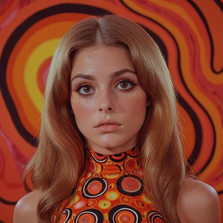 <lora:60s_Psychedelic_MovieSDXL:1> ArsMovieStill, movie still from a 60s psychedelic movie, The image is a portrait of a young woman with long blonde hair. She is wearing a sleeveless top with a colorful design on it. The top has a high neckline and is made of a shiny fabric with a circular pattern in orange yellow and black. The woman is looking directly at the camera with a serious expression on her face. The background is a vibrant orange and yellow pattern with swirls and curves. The overall mood of the image is bold and striking., 1girl, solo, brown hair, long hair, brown eyes, lips, bare shoulders, upper body, realistic, looking at viewer