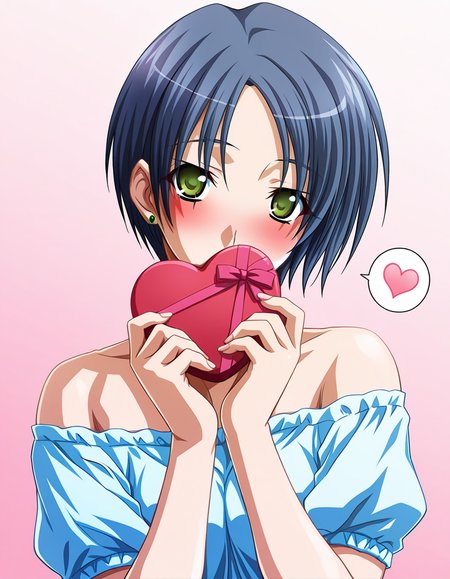 masterpiece, best quality, amazing quality, incredibly absurdres, official art, ultra detailed, official style, BREAK
1girl, solo, takebe_inaho, green eyes, short hair, blue hair, earrings, 
off-shoulder shirt, denim, 
lovestruck, blush, head tilt, looking at viewer, spoken heart, standing, holding heart gift, hand over own mouth, gradient background, pink background, front view, upper body, highly detailed, best hands <lora:Takebe Inaho v1.0-000013:1>