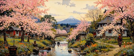masterful impressionistic oil painting on canvas, a picturesque japanese countryside in the late 19th century, springtime, mount fuji rising majestically in the distance, partially veiled by a soft morning haze, cherry blossom trees in full bloom lining a gently meandering brook, their pink petals drifting to the ground and floating on the waterâs surface, traditional thatched-roof farmhouses nestled harmoniously among the trees, their rustic charm blending seamlessly with nature, distant forested mountains stretch across the horizon, softened by atmospheric mist, dramatic sky, lingering rainclouds breaking apart, shafts of warm sunlight piercing through gaps in the overcast sky, casting a gentle glow across the landscape, a crystal-clear stream winds through the scene, reflecting the soft colors of the sky and blossoms, the banks adorned with vibrant wildflowers in shades of blue, purple, and orange, in the middleground, a quaint wooden bridge, weathered by time, arches over the stream, blending naturally into the serene setting, subtle cultural details enrich the scene: a bamboo water spout trickling into a moss-covered stone basin, the faint suggestion of a stone lantern hidden among the blossoms, a lone traveler in traditional japanese attire, wearing a wide straw hat, walks along a narrow dirt path by the brook, carrying a small bundle of firewood on his back, wide-angle panoramic shot, slightly elevated perspective, capturing the vastness of the countryside and the travelerâs small place within it, soft, diffused morning light, sunbeams filtering through the clouds, casting dappled highlights onto the ground and shimmering on the waterâs surface, light mist over the mountains heightening the dreamlike atmosphere, painted with loose, expressive brushstrokes, impasto texture bringing life to the blossoms and wildflowers, subtle interplay of pastel pinks, soft greens, warm earth tones, and cool blues, an evocative celebration of springâs fleeting beauty, balancing serenity with the gentle tension of nature after rain, oil on canvas, dramatic sky, high contrast, highly detailed, golden ratio, ovg, aidmaimageupgrader, <lora:style-kaoru_yamada-impressionism-flux-by_adel_ai:1.1> <lora:style-amazing_scenery-v3-flux-by_marielle:0.56> <lora:image_upgrader-v0.3-flux-by_aidma:0.4>
