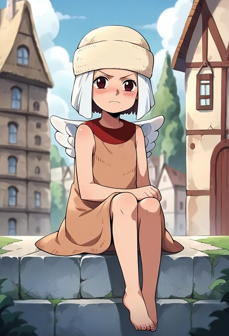 score_9, score_8_up, score_7_up, source_anime, masterpiece, 1girl, ctianaisa, hat, brown dress, wings, barefoot, looking at viewer,  outdoors, town, depth of field, sitting, blush, <lora:Aisa_onepiece_pony_ct:1>