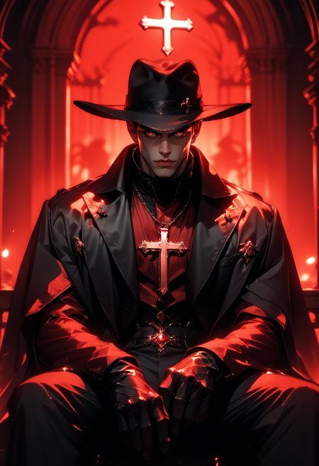 (score_9, score_8_up), score_7_up,  looking at viewer, gloves, long sleeves, 1boy, hat, sitting, jacket, male focus, no face, silhouette, black gloves, black pants, coat, black jacket, black headwear, night, crimson sky, red theme, black coat, dark, fedora, high contrast, dark lighting, glowing red eyes, cinematic, cross necklace, backlighting,
blurry, depth of field, CINE, 
<lora:CINE-000012:0.8>  <lora:wildywest-000009:0.5>