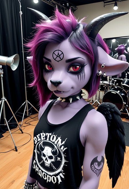 high quality, 84ph4,1girl,solo,furry,furry female, feminine, exotic, cute, pretty, petite, demon girl,horns,animal ears,earrings,piercing,purple hair,short hair,red eyes,animal nose,spiked choker,wings,purple skin, punk, goth, dutch angle from the side, arse, photo shoot, pose, studio, photorealistic