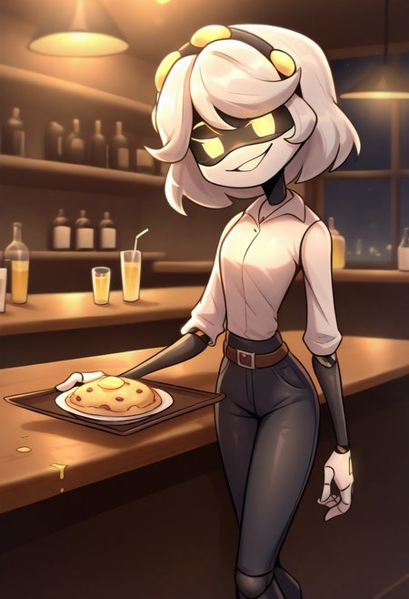 (masterpiece, high quality, highly detailed, best quality), SD-V, 1girl, solo, robot girl, humanoid robot, robot joints, hairband, short white hair, yellow eyes, solid circle pupils,
waitress, restaurant, night, tray in hand, bent arm, white shirt, black jeans, skinny jeans, belt on waist, round tables, smile, half-open eyes, drinks on a tray, bar counter, food on tables
looking at viewer