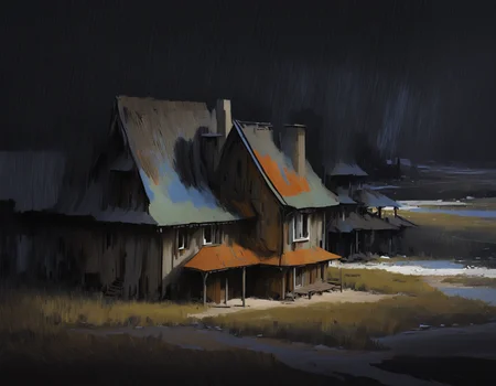 masterpiece, painting \(medium\),  best quality, highres, (traditional media:0.6), highly detailed, abstract, 
no humans, house, building, river, cinematic, painterly, abstract background, colors, surreal, shadow, hdr, deep tones, surrealism, post-apocalypse, dark tones,
style of disco elysium, <lora:DiscoElysium Illustrious 0.1:1>