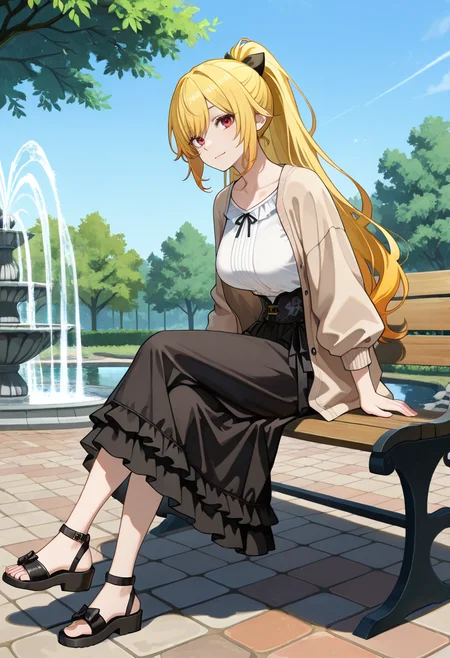 1girl, solo, anime coloring, anime artwork, masterpiece, best quality, newest, absurdres, highres, safe, CG, cinematic lighting, natural shadow, highest detail, detailed background, intricate scenery, depth of field, insane details, intricate, subsurface scattering, very aesthetic, serene atmosphere, artistic rendering, dramatic contrast, luminous elements, soft painterly texture, striking visual design, finely detailed face, beautiful face,
wide neck shirt, white shirt, layered frilly skirt, sandals, light brown jacket, open jacket,
from side, side view, looking at viewer,
sitting on bench, crossed legs, camera angle from left, subject on the right,
bright blue sky, collarbone, full body,
park, day, tree, pond, bench, cobblestone, fountain,
a (character:1.2) on the right side of the frame, empty space on the left,
<lora:kaelaIL:0.65> kaelaIL, kaelakimono, long hair, large breasts, yellow hair, red eyes,
ponytail