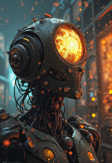 (in Otomo Katsuhiro style:1.4), high quality, masterpiece, A rogue AI with a fractured faceplate, smashing through walls of a crumbling data center, sparks and cables flying around them, illuminated by malfunctioning screens, Dutch angle emphasizing destruction, chaotic and gritty, elaborately detailed attire with extraordinary elements, (hyperdetailed:1.1), (intricate details:1.0), (Refined details:1.1), (best quality:1.1), (high resolution:1.1)
