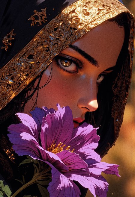 A hyper-realistic face close-up of a woman, her expression serene and eyes gazing softly yet intently at the viewer, filled with depth and subtle emotion. She wears an ornate headscarf draped gracefully over her head, with intricate golden embroidery that reflects the light, creating a delicate shimmer with each thread. The rich, deep tones of the fabric contrast beautifully with her smooth, glowing skin, which has a luminous, almost porcelain-like quality with subtle freckles and fine lines that add realism. Her lashes are long and dark, framing eyes that glisten with soft reflections, while her brows are meticulously defined, adding to her poised look. A vibrant purple flower, with velvety petals and faint dew drops, partially covers the lower half of her face, adding an air of mystery and elegance. The petals are layered, showcasing detailed veining and a natural gradient from deep purple to lighter lilac at the edges. The background is subtly blurred, with warm, diffused hues of soft ochre and muted greens, hinting at a garden or an outdoor setting bathed in late afternoon sunlight. The lighting is gentle, casting a soft shadow that contours her cheekbones and enhances the texture of the embroidery and the flower, creating a harmonious blend of beauty and intricacy.
