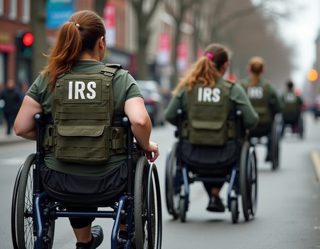 morbidly obese women in wheelchairs rolling down the street wearing tactical military vests that have patches with the text "IRS"