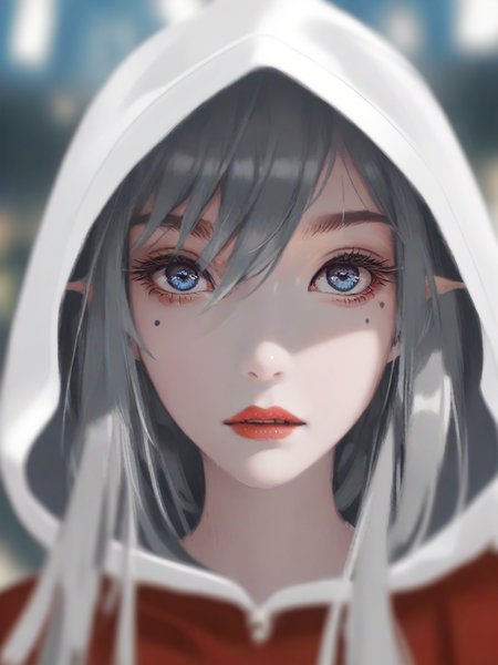 1girl,solo,mole under eye,blue eyes,mole,looking at viewer,hood,portrait,hood up,blurry,lips,grey hair,pointy ears,blurry background,long hair,hair between eyes,red lips,eyelashes,nose,teeth,close-up,depth of field,closed mouth, 
<lora:ag31-wlop_1-000032:1>,
