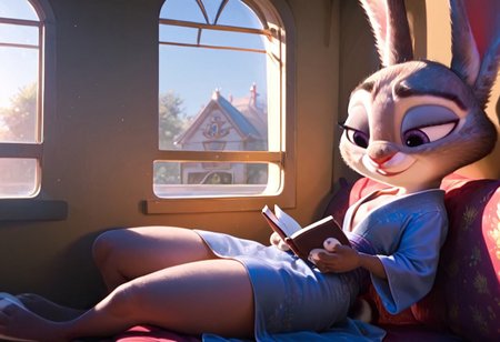 score_9, score_8_up, score_7_up judyhopps \(zootopia\), <lora:judyhopps-v2-ponyv6xl:1> , rabbit ears, curby, shortstack, rabbit girl, small breast, white fur, Expressiveh, volumetric lighting, ultra detailed, cinematic lighting, dramatic lighting, solo, solo focus,  sexy pose, sexy, seductive, smile, indoors, relax, relaxing, train, kimono, shadows, sunny, sunset,  (holding book with one hand), shadows, closeup, sit in a train, train cabin, train window background,  ((reading)), day, 