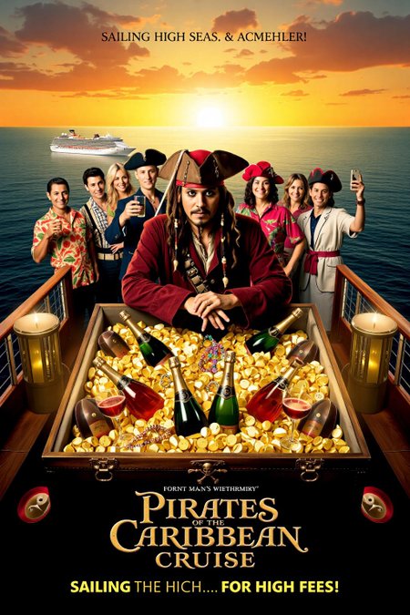 mvpstr. Epic movie poster for "Pirates of the Caribbean Cruise: Rich Man's Chest", featuring a luxury cruise ship decked out in pirate-themed decor. At the center, Captain Jack Sparrow leans nonchalantly on a sparkling treasure chest overflowing with gold, champagne bottles, and jewelry, looking bewildered yet intrigued by the high-society setting. Around him, wealthy tourists in Hawaiian shirts and pirate hats are sipping cocktails, snapping selfies, and obliviously enjoying the pirate life.
In the background, a sunset over calm Caribbean waters sets a luxurious yet absurdly adventurous mood. The tagline reads: "Sailing the High Seas... for High Fees!"
 <lora:schnell_v1.0:1.0> <lora:EpicMoviePoster-000015:1.0><lora:788586266758465850:0>