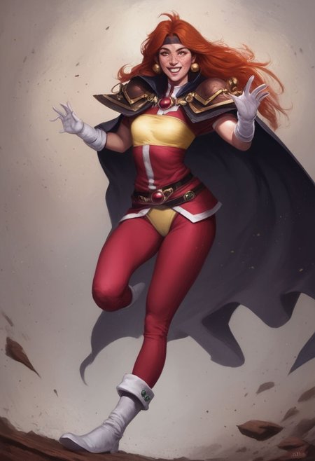 (score_9, score_8_up, score_7_up), rating_explicit, Masterpiece, best quality, outdoors, highly detailed, realistic, detailed background,
BREAK
Sorceress Supreme Lina Inverse, (PAWG:1.3), sexy short woman, thin hourglass figure,  (realistic skin texture), heart-shaped face, sharp angular features, beautiful face, cute, red eyes, slanted almond-shaped eyes, Long straight red Hair, long bangs, wild hair, sidelocks, long eyelashes, high nose, freckles, high cheeks, prominent cheekbones:0.4, thick lips, massive overbite, large front teeth, arrogant smile, haughty expression,
BREAK
small breasts, flat chest, thicc thighs, enormously wide hips, massive fat ass, skindentation:1.4,
BREAK
 yellow trim, headband, white footwear, white gloves, white trim, brooch, red pants, pauldrons, cape,
BREAK
random pose, casting a spell, magic,