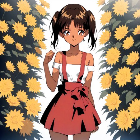 <lora:KnI_kawarazaki_reiXLanimagine001>,
masterpiece,high score,great score,absurdres,
flower background,glitter,
smile,
looking at viewer,
solo,
anime coloring,retro artstyle,
kawarazaki_rei\(kawarazakike_no_ichizoku\),1girl,brown hair,twintails,brown eyes,tan,
off-shoulder sleeveless shirt,
waist ribbon,suspender_skirt,
cowboy shot,
standing,