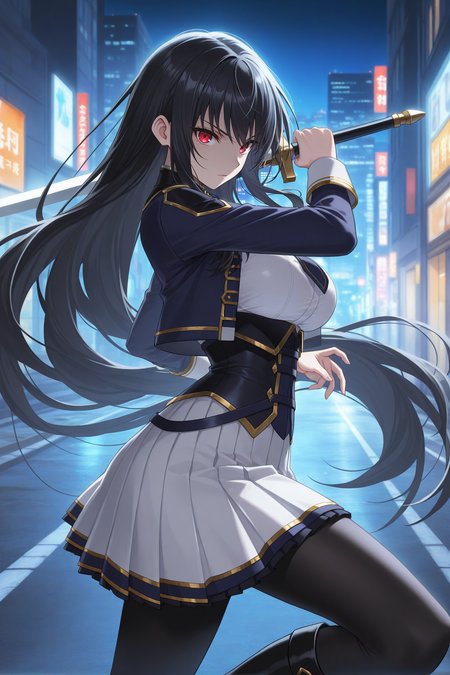 masterpiece, best quality, 1girl, solo,  <lora:clairekagenou-illu-nvwls-v1-000006:1> clairekagenou, black hair, very long hair, red eyes, dark blue jacket, dark blue necktie, gold trim, white shirt, corset, white skirt, pleated skirt, black pantyhose, black boots, large breasts, night, holding sword, serious, from side, dynamic pose, city, looking at viewer, street, standing
