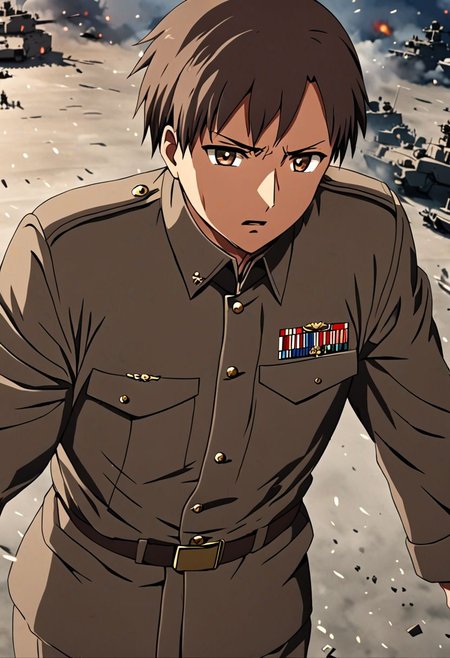 high resolution, solo, best quality, 1Boy, Takaki Toono, Brownish Hair, Brown Eyes, military, action, OverallDetail