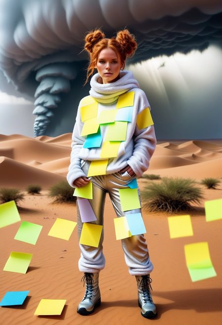 masterpiece, best quality,
1girl, woman, Bunij, ginger hair, hair buns, <lora:Bunij:0.9>, wearing shaggy silver legwarmers, shaggy silver fleece pants, fluffy oversized silver hoodie, in the middle of the Sahara desert, ((overcome by a tornado made from Jed-StickyN sticky notes))