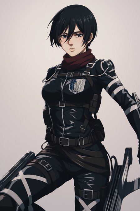 score_9, score_8_up, score_7_up, BREAK source_anime, <lora:adult mikasa ackerman-PonyXL-lora-faxtron:0.8> adult mikasa ackerman, black eyes, black hair, short hair, medium breasts, paradis military uniform, armor, belt, thigh strap,